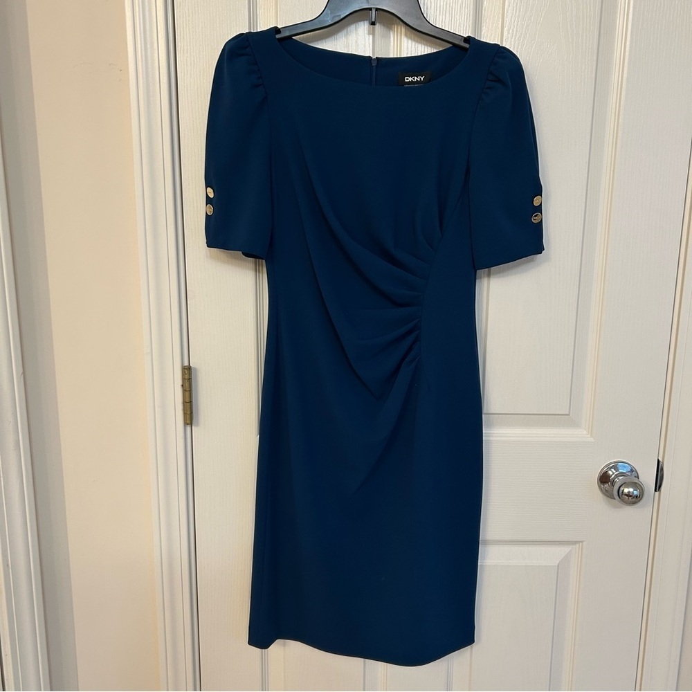 DKNY Button Sleeve Ruched Sheath Dress in Teal Blue Size 4 - Picture 2 of 7